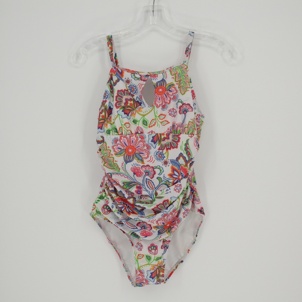 Kathy Ireland Women's White Floral Paisley One Piece Swimsuit Size 8